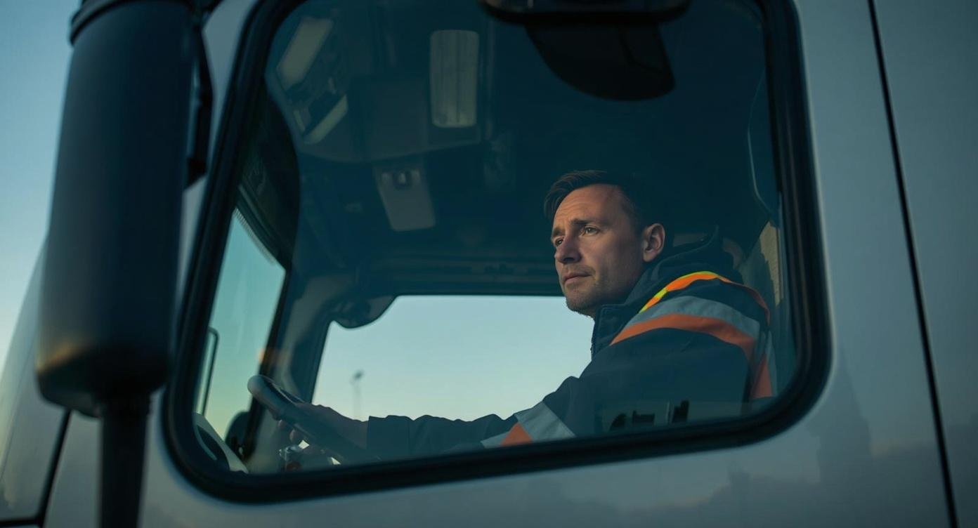 UK HGV driver sitting in the cab, looking out of the windscreen with a thoughtful, serious expression. Daytime or early evening light. wearing Hi-vis work clothes, no hard hat, inside a modern articulated lorry cab. The driver is a ordinary working adult.