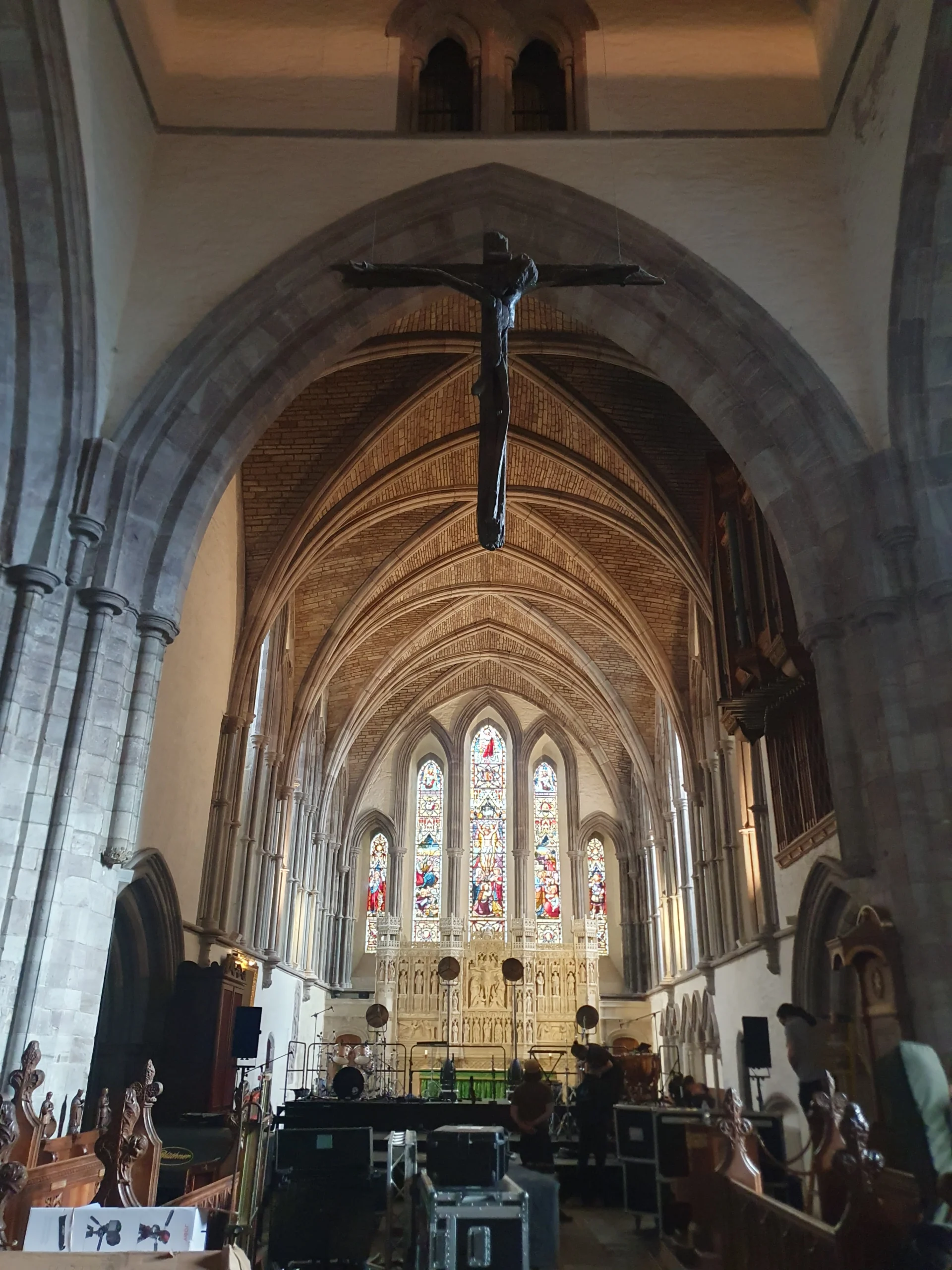Brecon Market Town, The Edge Of Brecon Beacons 4 Inside the Cathedral-St John's woth a glass stained big window and a cross hovering.