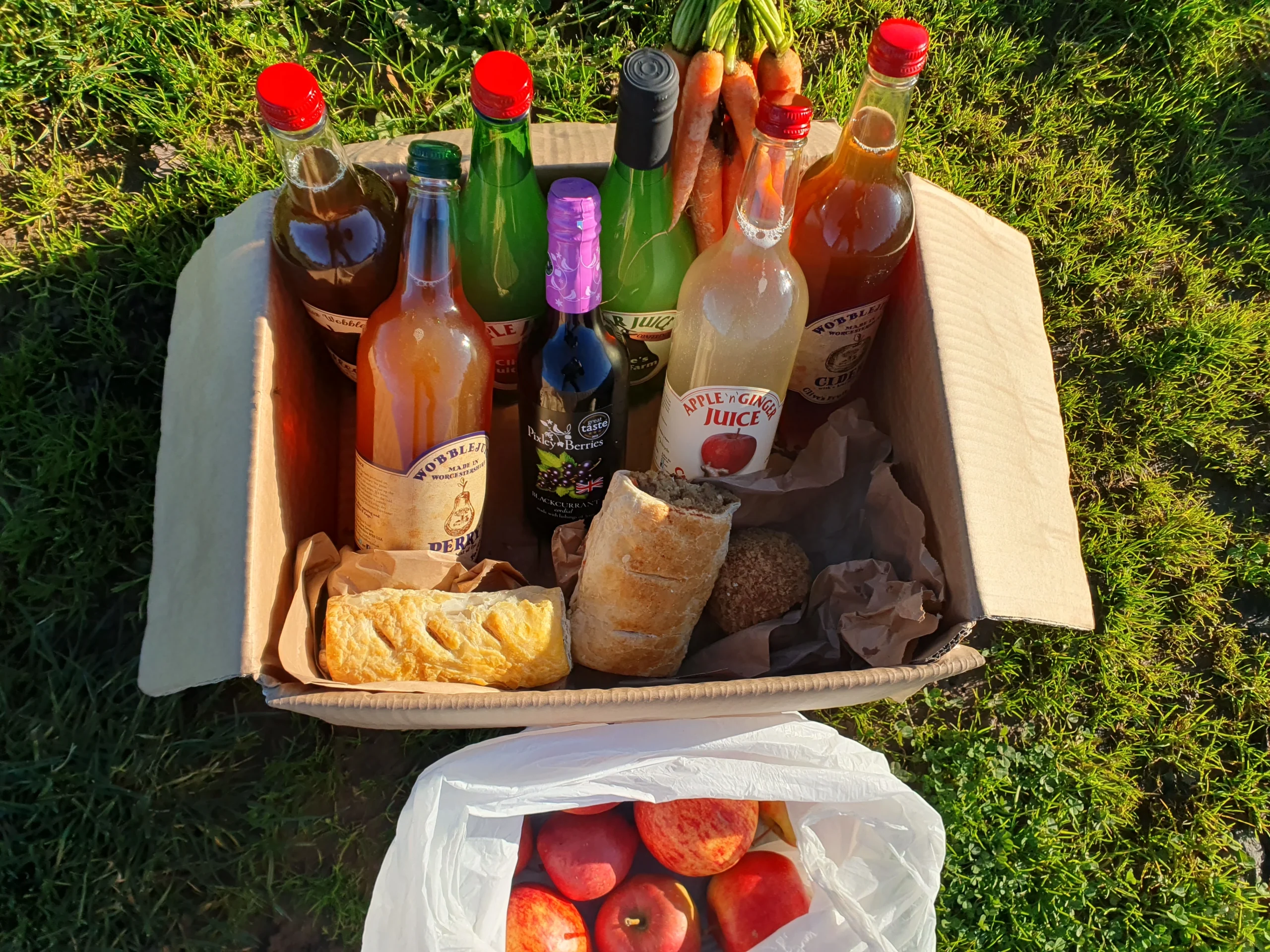 Upton Upon Severn 8 Box of loot containing - fresh plucked carrots, six bottles of cider, sausage rolls and Scots egg also bag of apples.