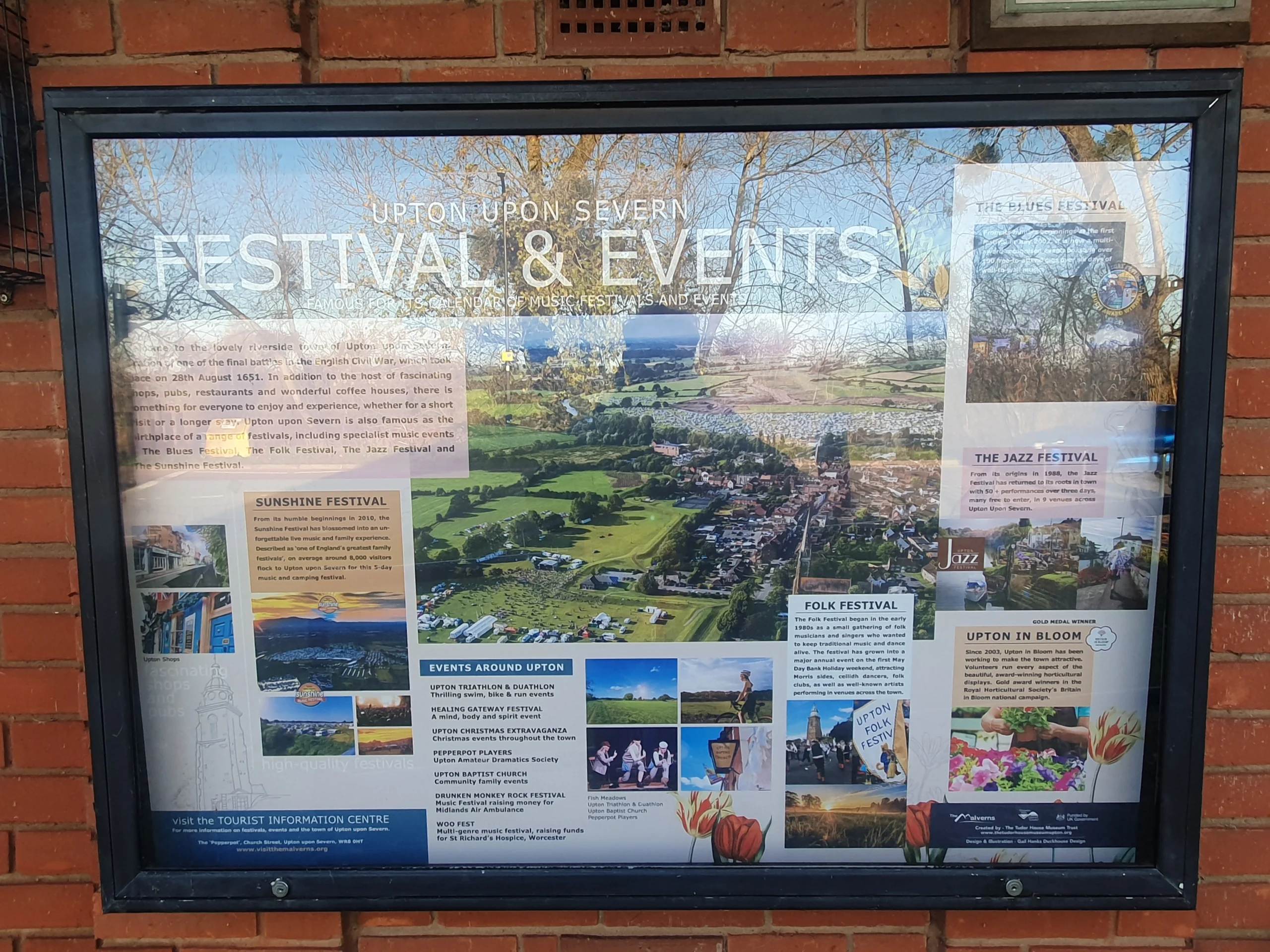 Upton Upon Severn 2 Festival & Events sign board with year round appearances descriptions.