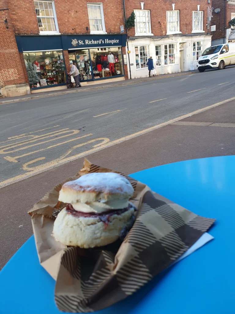 Upton Upon Severn 16 A scone from the bakery - raspberry jam and fresh cream.