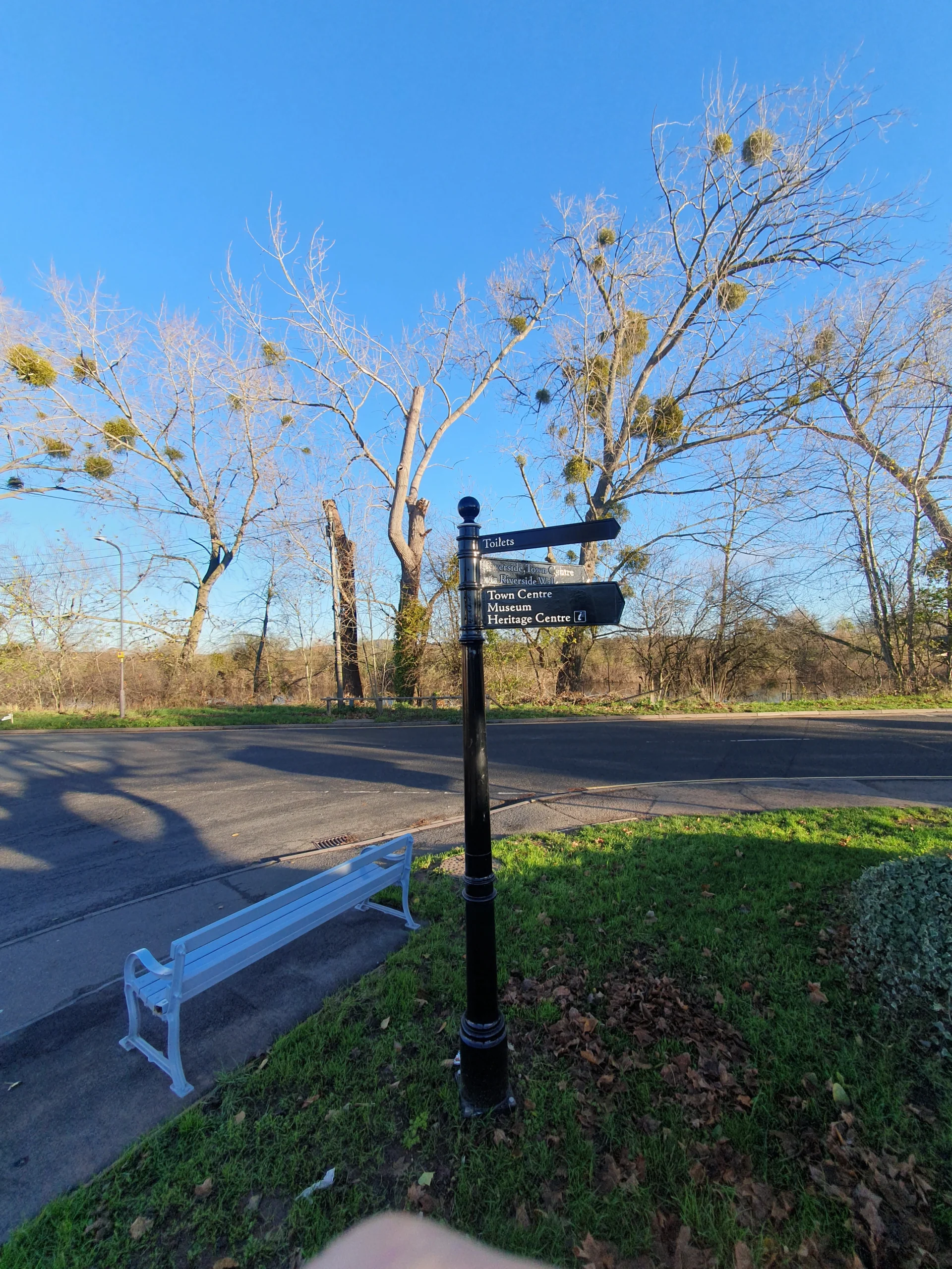 Upton Upon Severn 3 Directional sign points to locations of directions, Victorian looking -then a bench aside it, with a primary A road behind and the high trees with lots of birds nests - singing.