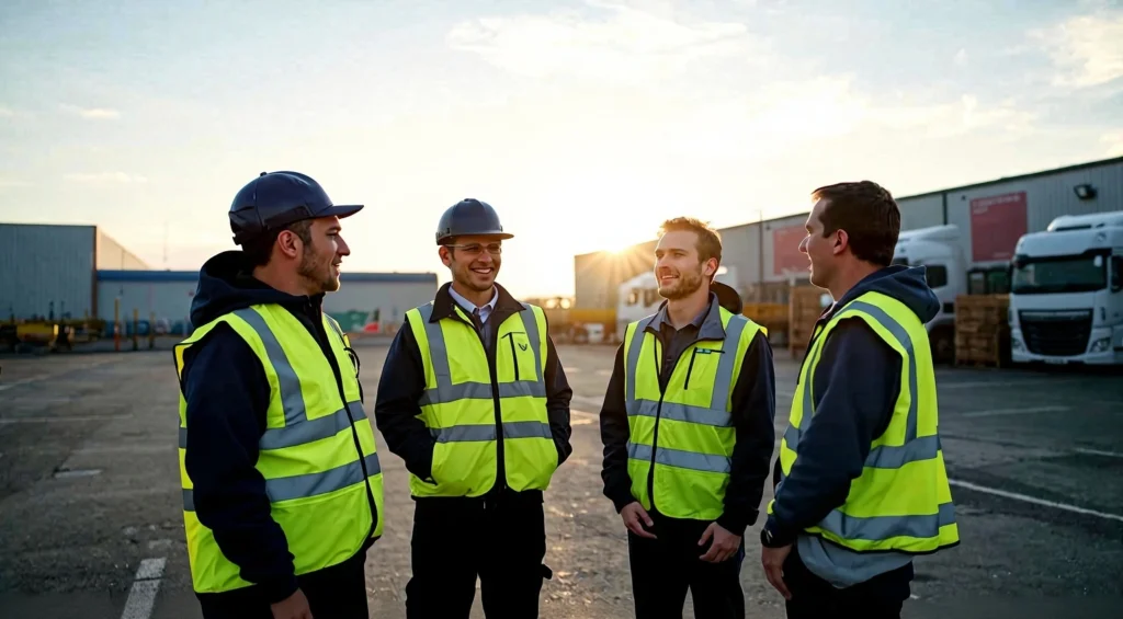 Is HGV Driving For You? 2 Four work colleges wearing Hi-Vest on a transport Yard.