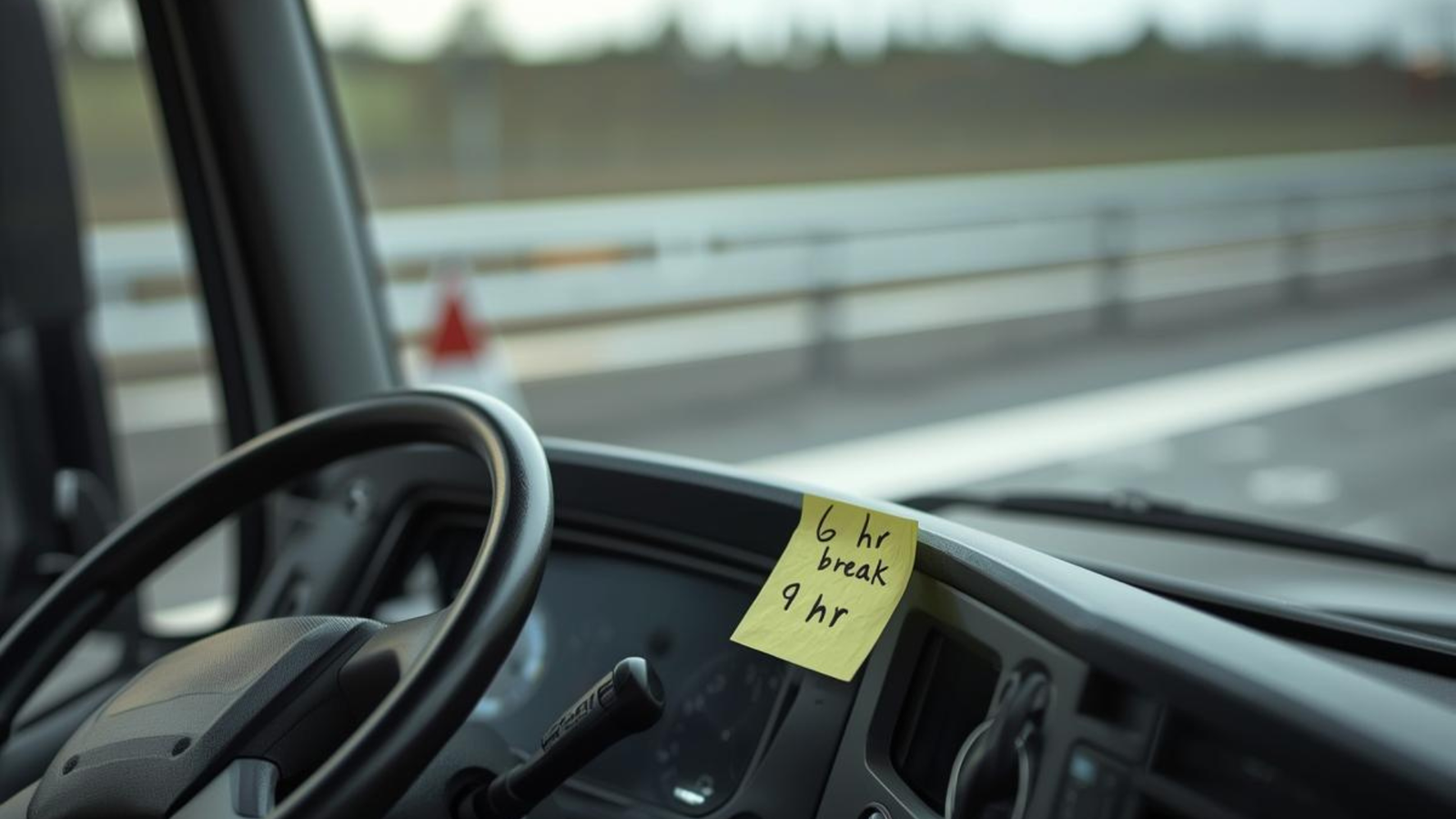 HGV cab dashboard with reminder note showing 6-hour and 9-hour Working Time Directive break limits