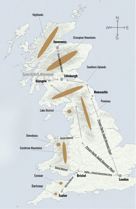 Map of Britain showing major north–south and east–west infrastructure concentration lines shaped by terrain and settlement patterns.